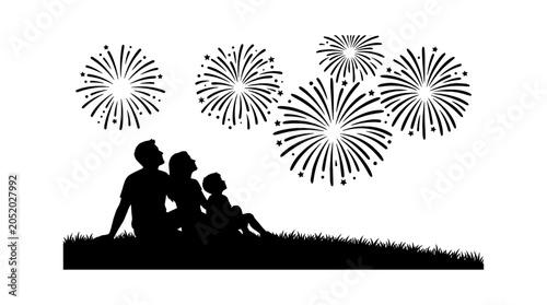 Silhouette of a happy family sitting on a hill watching fireworks in the night sky isolated on transparent background, Vector