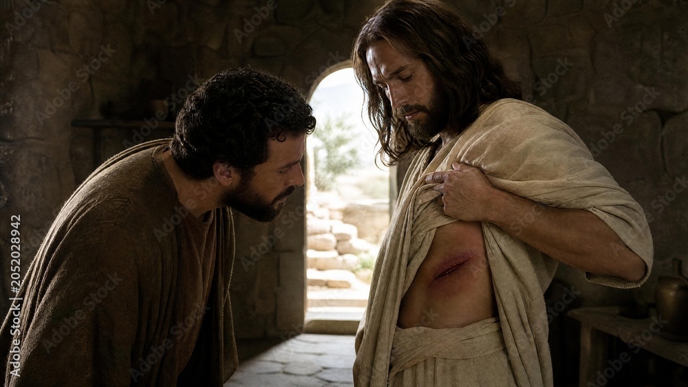 Obraz premium Jesus Christ Showing Side Wound to Doubting Thomas Apostle - Biblical Resurrection Scene
