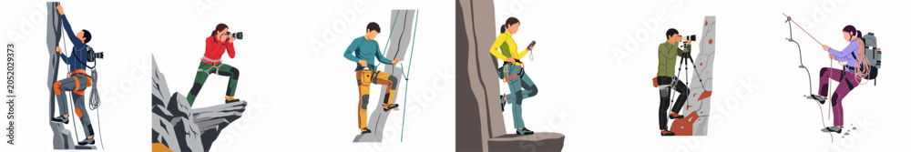 Fototapeta premium Collection of flat vector illustrations depicting people mountain climbing and taking professional photographs in a rocky outdoor environment.