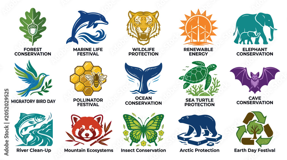 Obraz premium Modern Flat Vector Icons Set for Environmental Conservation, Wildlife Protection, Nature Events, and Renewable Energy.