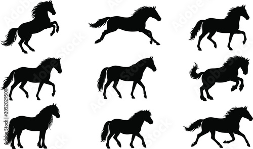 Картината върху платно horse black silhouette vector set running walking and rearing poses graphic coll