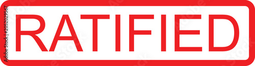 A red and white rectangular stamp with the word ratified in bold red letters