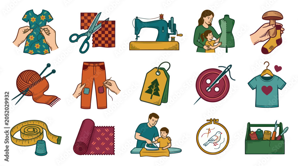 Fototapeta premium Sewing and Crafting Icons: Flat Vector Illustrations of Tailoring and Knitting