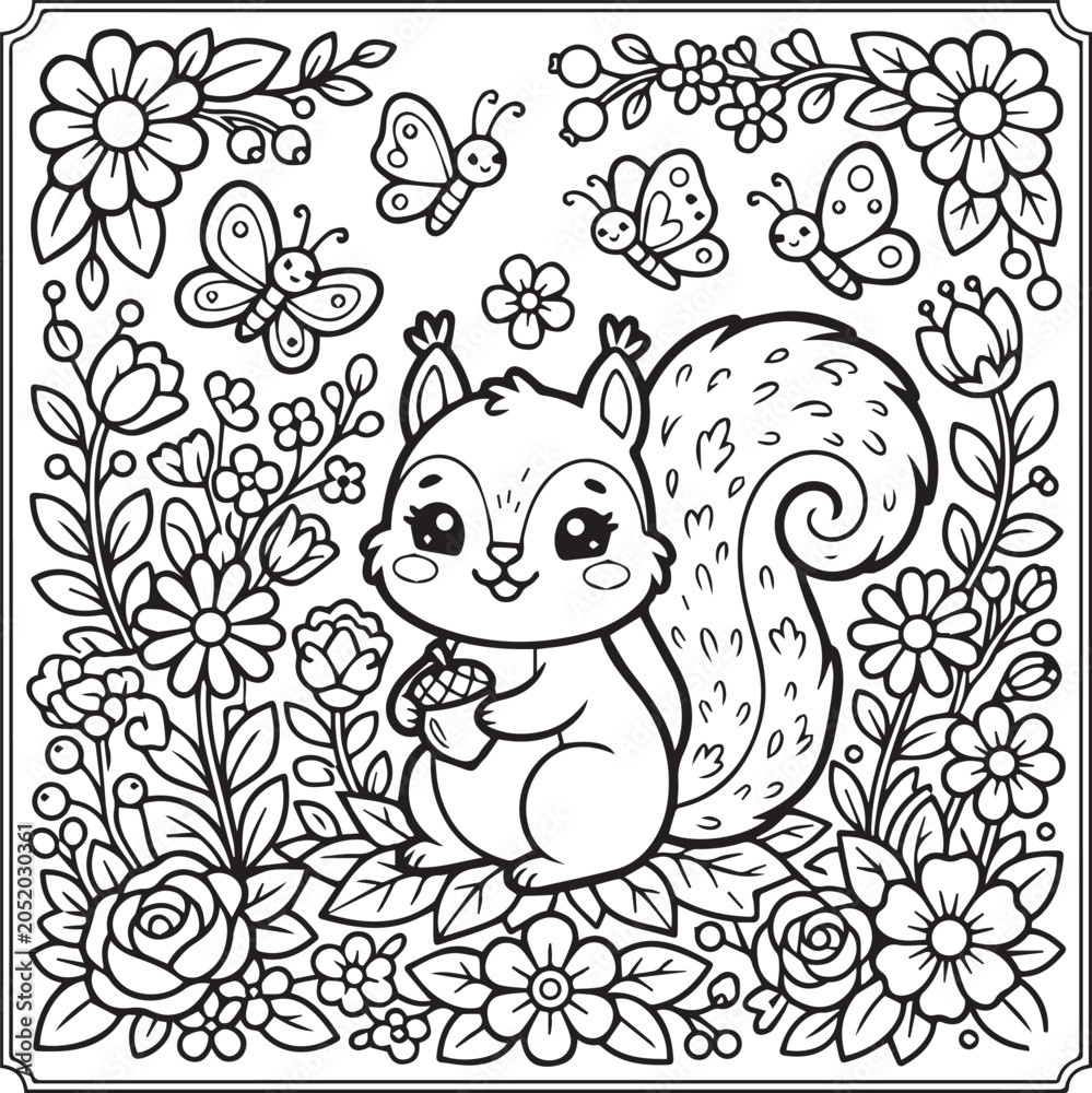 Fototapeta premium Cute Squirrel Coloring Page for Kids, Printable Squirrel Coloring Book Illustration