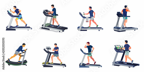 Set of diverse men characters exercising on treadmills, walking and running for fitness, flat vector illustrations isolated on white background.