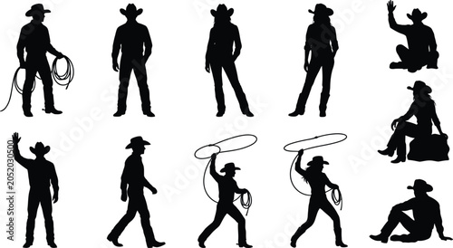 Obraz na plátne western cowboy and cowgirl bundle black silhouette with lasso flat vector graphi
