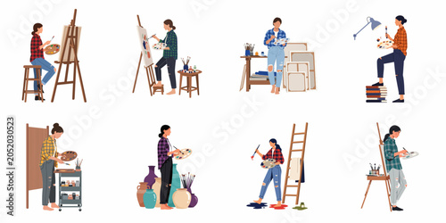 A collection of female artists in various painting and creative poses, featuring easels, canvases, palettes, and art studio tools in a flat illustration style.