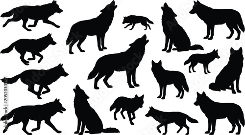 Obraz na plátně Wild wolf pack black silhouette vector illustration howling running standing ani