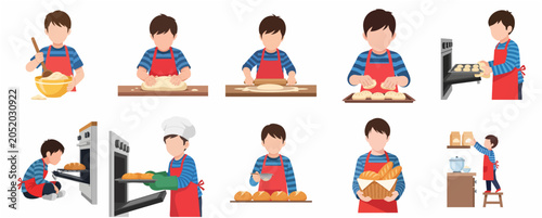 Obraz na plátne Set of Boy Character Baking Bread and Pastry Step by Step in Kitchen Flat Illust