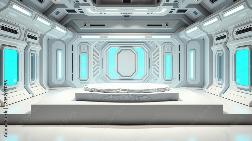 Fototapeta premium Futuristic room design. White walls, blue lights, central platform. Clean lines, symmetrical layout, modern aesthetic. Minimalist interior.