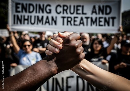 Multiracial Hands Clasped in Solidarity at Human Rights Protest Against Cruel and Inhuman Treatment