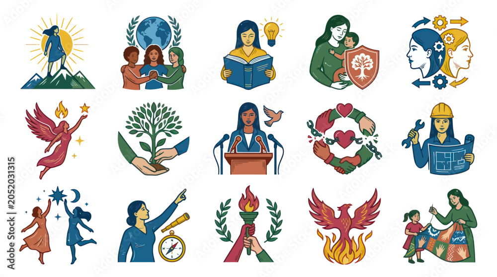Fototapeta premium Empowering Women: Diversity, Education Leadership Retro Flat Vector Illustration Collection