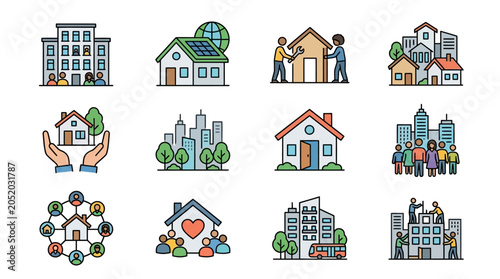 Obraz na plátně Diverse illustrations of homes and community building actions