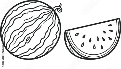 Bild auf Leinwand Watermelon illustration set whole fruit and slice black and white