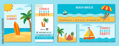 Set of summer beach party banners and flyers with palm trees tropical fruits and sailboats for holiday vacation event promotion and advertising designs in bright flat vector style