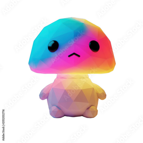 A cute, low-poly, colorful fantasy creature with a gradient rainbow body and sad expression