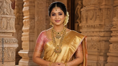 Beautiful Indian Woman in Traditional Gold Silk Saree and Jewelry at Ancient Temple
