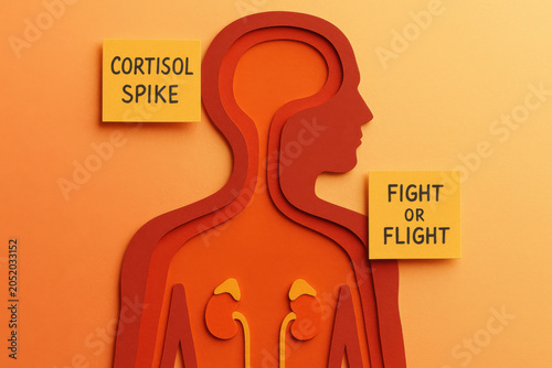 Layered human silhouette highlights adrenal gland and cortisol stress response system. This minimal illustration explains cortisol spike and tense fight or flight response