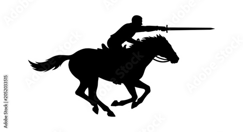 Black silhouette of a brave soldier riding a fast horse while holding a sharp sword in a battle isolated on transparent background, Vector