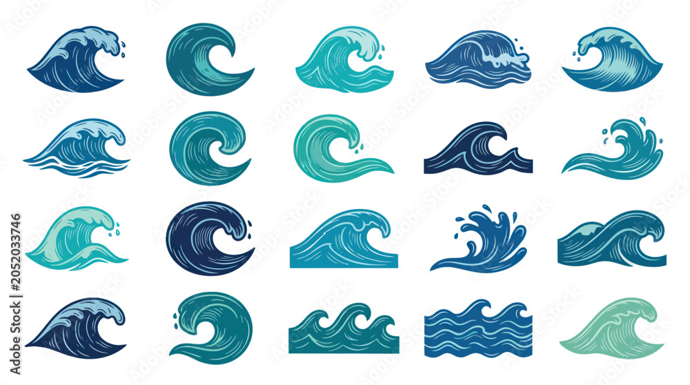 Obraz premium Ocean Wave Icons Set: Blue Water Splash Art Style for Marine Design