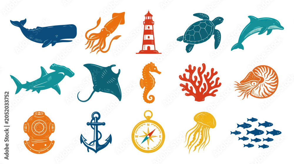 Fototapeta premium Marine life vector icons: whale, shark, seahorse, jellyfish, lighthouse, compass, nautilus, coral, anchor, dolphin, squid, sea turtle, fishes