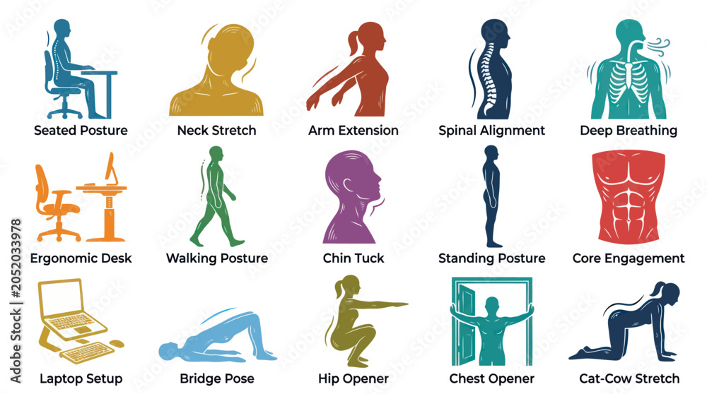 Naklejka premium Ergonomic Desk Posture Guide: Health, Wellness, Fitness, Yoga, Office, Flat Icons