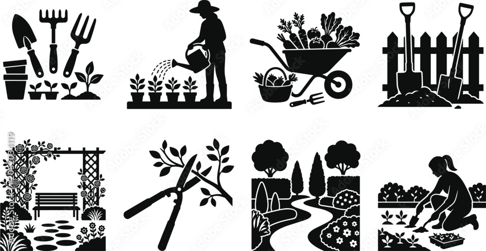Fototapeta premium Collection of gardening silhouette illustrations featuring tools, watering plants, wheelbarrow, pruning, landscaping, garden bench, and planting