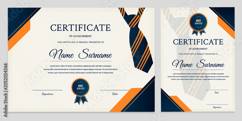 Foto Achievement certificate template with a tie in blue and orange tones