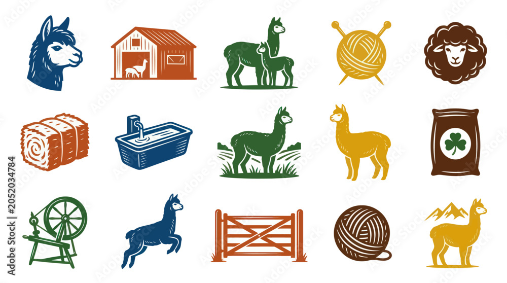 Naklejka premium Alpaca Farm Livestock and Wool Production Glyph Icons Set. Agriculture Animals and Textile Industry Symbols.