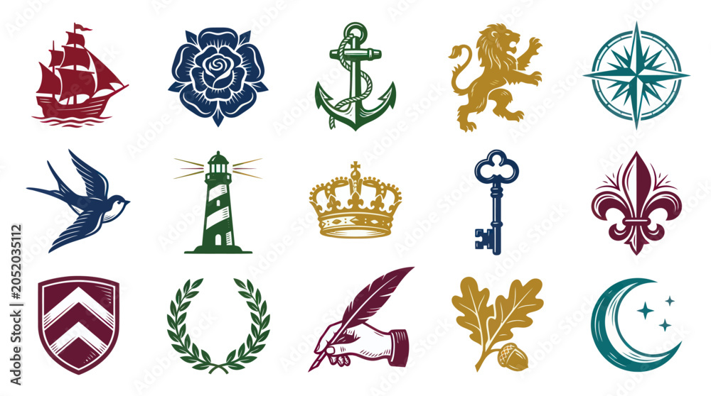 Fototapeta premium Nautical Heraldic Vector Icons: Ship, Rose, Anchor, Lion, Compass, Bird, Lighthouse, Crown, Key, Fleur-de-lis, Shield, Laurel, Quill, Oak, Moon