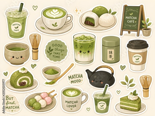 Cute Matcha Cafe Sticker Collection with Matcha Latte Mochi and Tea Accessories