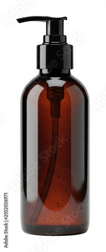 Minimalist amber glass bottle with pump stands centered as an isolated transparent background image