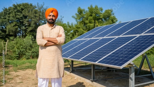 Indian Sikh Farmer Standing Confidently Near Solar Panels for Sustainable Agriculture
