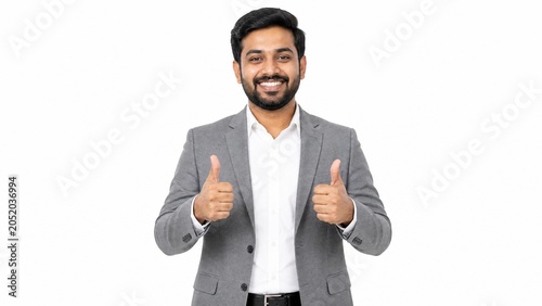 Confident Indian Businessman Giving Double Thumbs Up Gesture Isolated on White