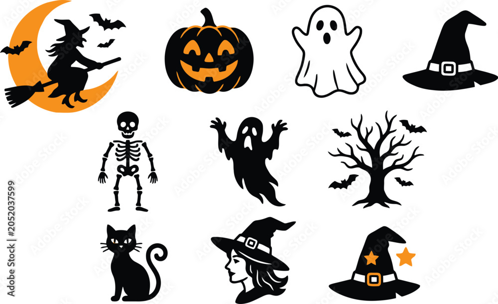Fototapeta premium Halloween Silhouettes Witch Pumpkin Ghost Skeleton And Other Elements