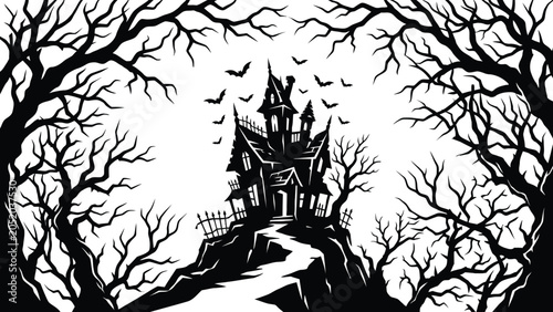 Haunted house silhouette with bare trees and flying bats black and white