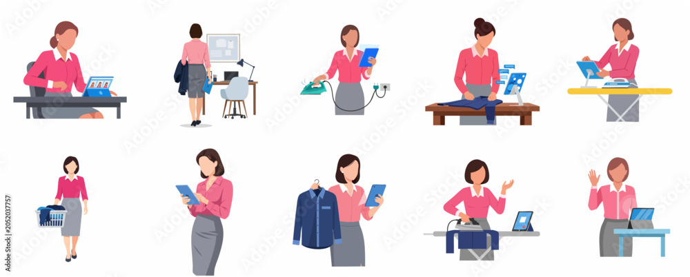 Fototapeta premium Set of Illustrations Featuring a Businesswoman Multitasking and Balancing Career with Household Chores
