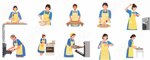 Φωτογραφία Flat vector illustration set of a woman baking cookies step by step in the kitch