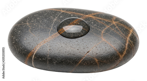 Photography Polished dark river stone with golden veins and a clear water droplet isolated t