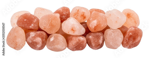 Foto Natural smooth pink Himalayan rock salt crystals in a horizontal row isolated tr