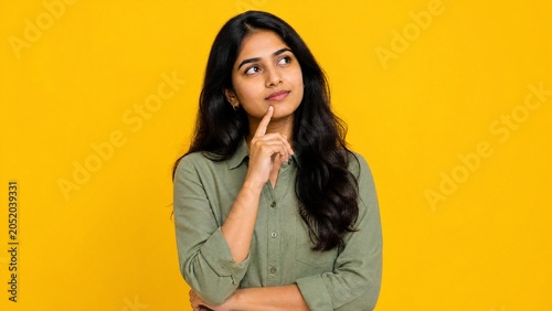 Thoughtful Young Indian Woman Pondering with Idea and Looking Up on Yellow Background