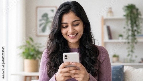 Happy Young Indian Woman Using Smartphone Smiling While Looking at Phone Screen in Modern Home