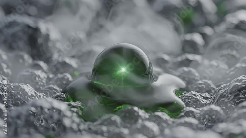 Macro of rich viscous emerald green botanical essence pulsing in cell loop / 贅沢に濃縮されたエメラルドグリーンの植物エッセンスが細胞に響く抽象ループ1