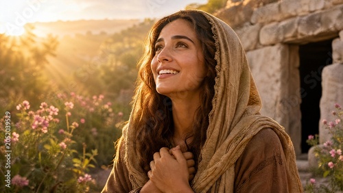 Faithful Biblical Woman Smiling at Sunrise Near Empty Tomb