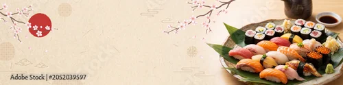 Panel kuchenny z motywem Vibrant Japanese sushi and sashimi platter with cherry blossoms and a rising sun, celebrating authentic Asian culinary art