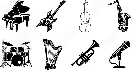 Bild auf Leinwand Musical instruments vector silhouette icon set featuring grand piano electric gu