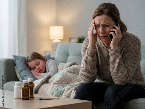 Concerned mother on phone beside sick child wrapped in blanket on living room couch