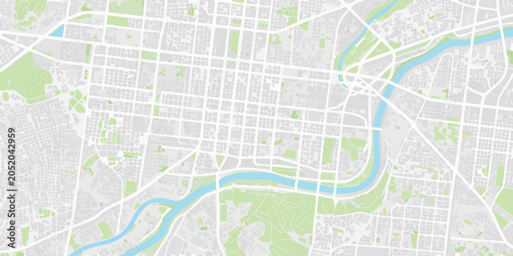 Fototapeta premium City map illustration with green spaces and a winding blue river flat vector style aerial