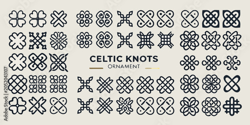 Schilderij op canvas Collection Of Twenty four Celtic Knot Ornaments Black Line Art On Beige Backgrou