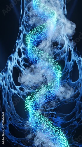 High density quantum cellular fluid cascade with orbital light loop / 細胞組織を高速で循環・充填するブルーと翡翠色粒子の流体抽象ループ3